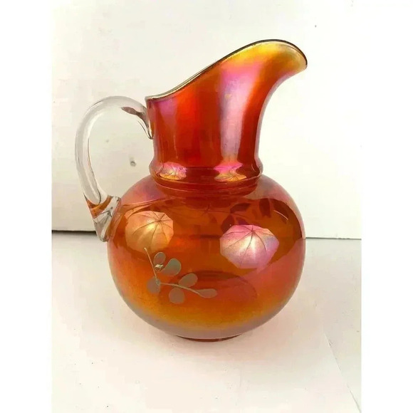VTG Carnival Glass Orange Iridescent Pitcher Glass Blown Hand Painted 10" Floral - Picture 9 of 16